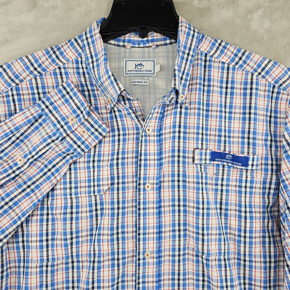 SOUTHERN TIDE Men's Shore Shot Long‎ Sleeve Vented Fishing Shirt Size Large Blue